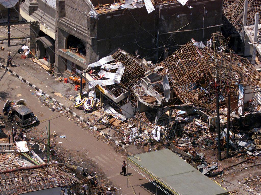 Aerial view of the wreckage of the Sari night club &amp; surrounding buildings are seen in this aerial view in Kuta in 2002.