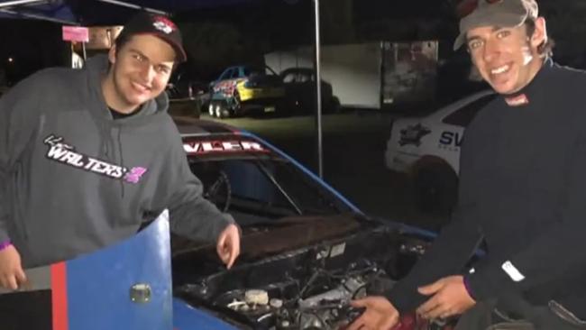 Harry ‘The Flash’ Fowler and Toowoomba’s Josh Ciesiolka inspect the damage caused by the crash. Picture: Sunrise/7 News