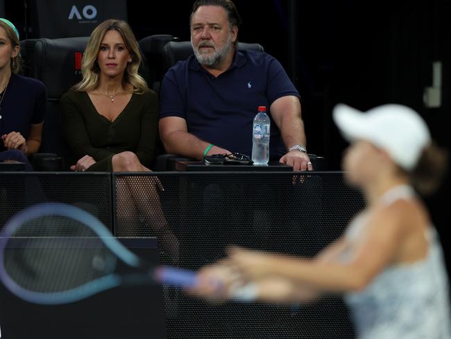 Russell Crowe is close to the tennis action. Picture: Graham Denholm/Getty