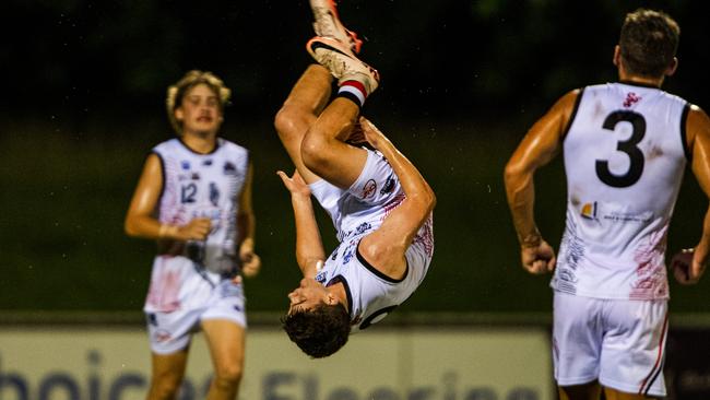 Dan Murphy celebrates a goal for Southern Districts with a backflip against the Tiwi Bombers in Round 3 of the 2024-25 NTFL season. Picture: Pema Tamang Pakhrin