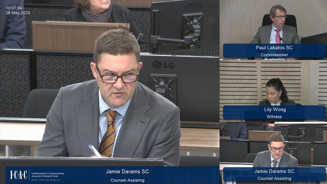 Strategic adviser Lily Wong is questioned by Jamie Darams SC. Picture: Independent Commission Against Corruption.
