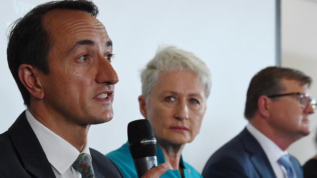 Candidates for the Wentworth by-election: From left;  Dave Sharma (Liberal Party), Dr. Kerry's Phelps (Independent) and Tim Murray (Labor Party) during a community forum at the Bondi Surf Club. Picture: AAP.