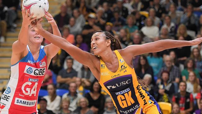 Sunshine Coast Lightning captain Geva Mentor (right) challenges the Swifts’ Amy Sommerville for the ball on Saturday night.