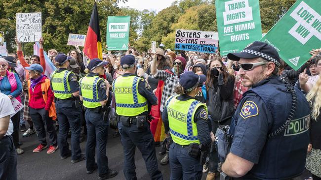 Equality Tasmania and LGBTQI+ supporters counter protest the Let Women Speak rally in Hobart. Picture: Chris Kidd