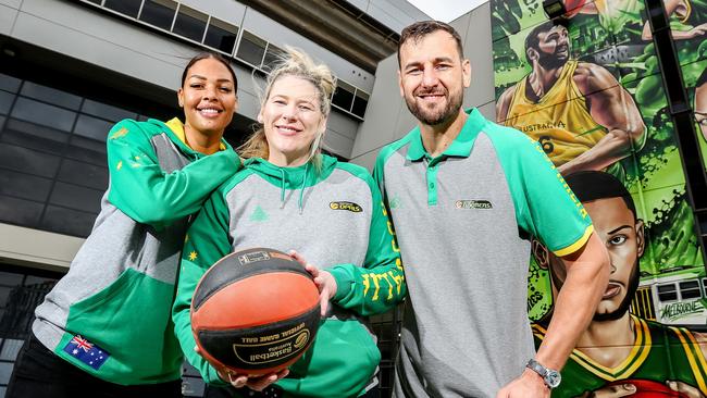 Australian basketball royalty Liz Cambage, Lauren Jackson and Andrew Bogut. Picture: Tim Carrafa