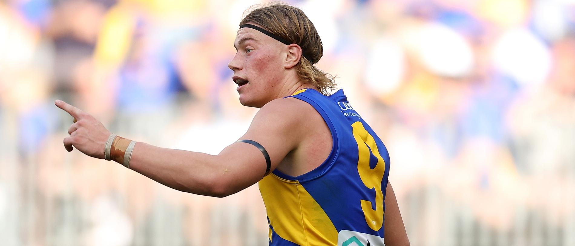 PERTH, AUSTRALIA - APRIL 14: Harley Reid of the Eagles looks on during the 2024 AFL Round 05 match between the West Coast Eagles and the Richmond Tigers at Optus Stadium on April 14, 2024 in Perth, Australia. (Photo by Will Russell/AFL Photos via Getty Images)