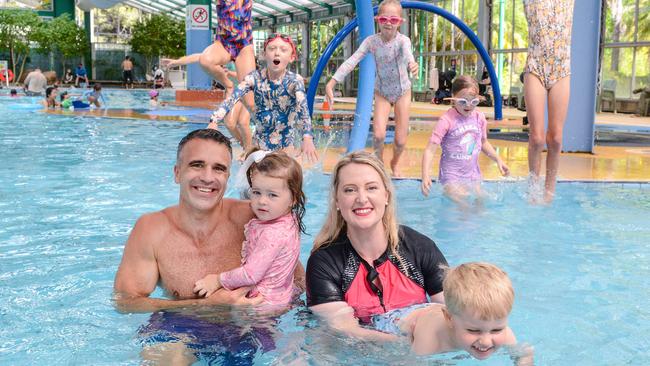 Opposition Leader Peter Malinauskas with his daughter Eliza and the seat of Adelaide Labor candidate Lucy Hood with her son Ned. Picture: Brenton Edwards