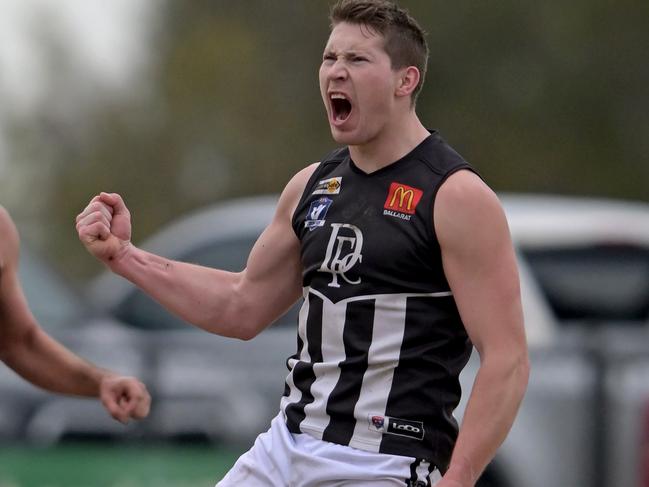 DarleyÃs Billy Myers celebrates kicking a goal during the BFNL Melton v Darley football match in Toolern Vale, Saturday, June 3, 2023. Picture: Andy Brownbill