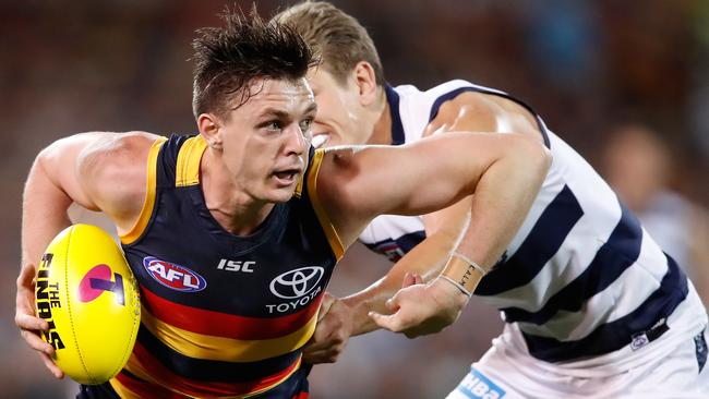 Jake Lever takes on Rhys Stanley in the Preliminary Final. Picture: Adam Trafford/AFL Media/Getty Images