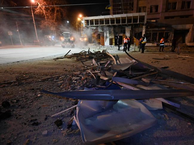 Rubble littering the street outside the damaged Palace hotel in Kharkiv following a Russian missile strike. Picture: AFP