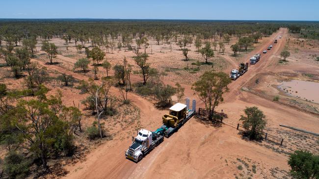 The first heavy equipment arrives at Adani's Labona Camp in central western Queensland to commence construction on Carmichael Mine.  Picture: Cameron Laird