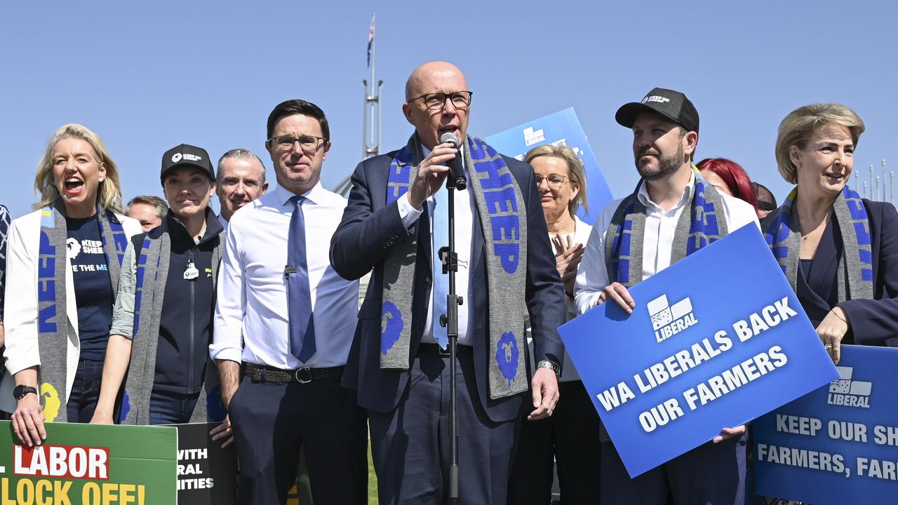 The Coalition joined a National Farmer Rally outside Parliament House on Tuesday protesting Albanese government policies, including banning live sheep exports. Picture: NewsWire / Martin Ollman