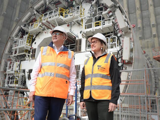 Prime Minister Anthony Albanese and Victorian Premier Jacinta Allan visit the North East Link construction site at Watsonia. Picture: Andrew Henshaw