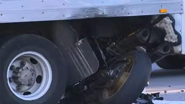A serious crash between a truck and motorcycle in Blackwood. Picture: 7NEWS