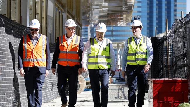 (From left) Senator for Queensland Anthony Chrisholm, BESIX Watpac CEO Mark Baker, Lord Mayor Adrian Schrinner and Transport councillor Ryan Murphy pictured on the new Kangaroo Point Bridge. Picture: Josh Woning