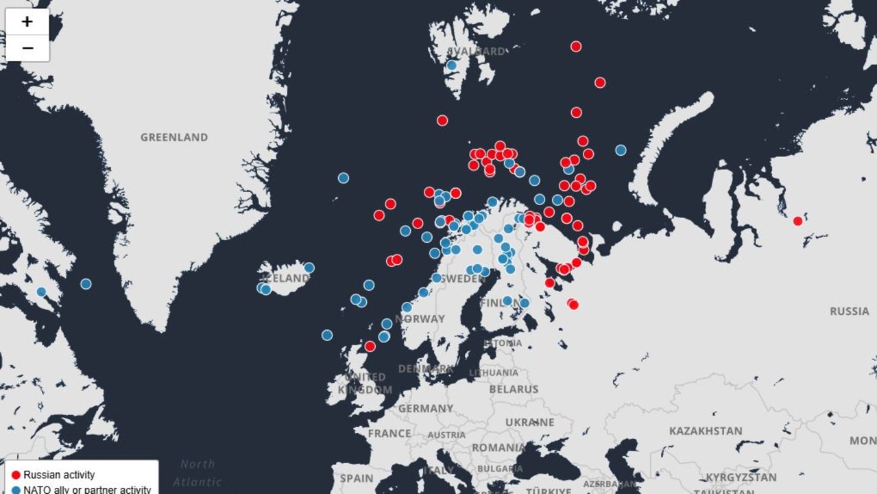 A map from the Centre for Strategic &amp; International Studies maps Russian military activity around the Arctic. The blue dots represent NATO activity and the red dots represent Russian activity. Picture: CSIS