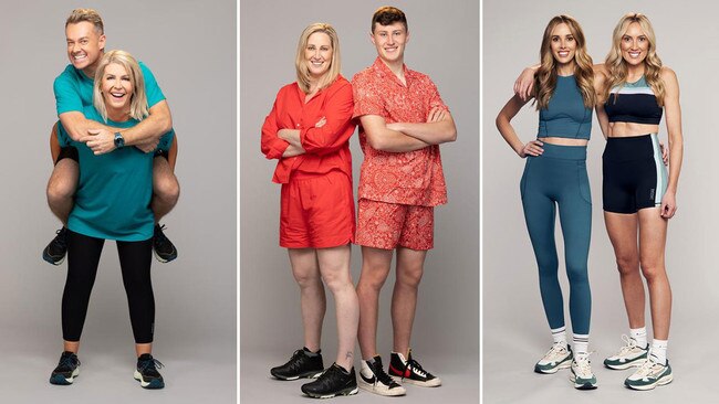 The Amazing Race: Celebrity Edition cast includes Grant Denyer and wife Chezzie Denyer, left, Jana Pittman and son Cornelius Rawlinson, centre, and Bec Judd and sister Kate Twigley, right. Pictures: Supplied