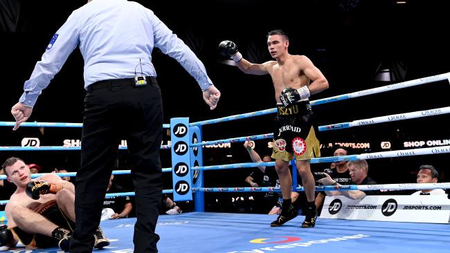 Tim Tszyu reacts after Jeff Horn hits the deck. Picture: Getty Images