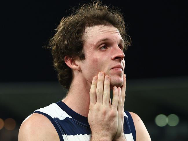 GEELONG, AUSTRALIA - MAY 11: Max Holmes of the Cats looks dejected after losing the round nine AFL match between Geelong Cats and GWS Giants at GMHBA Stadium, on May 11, 2025, in Geelong, Australia. (Photo by Josh Chadwick/Getty Images)