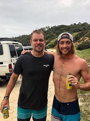 Matt Damon catches up with Tyler Boyce at Double Island Point. Picture: Supplied