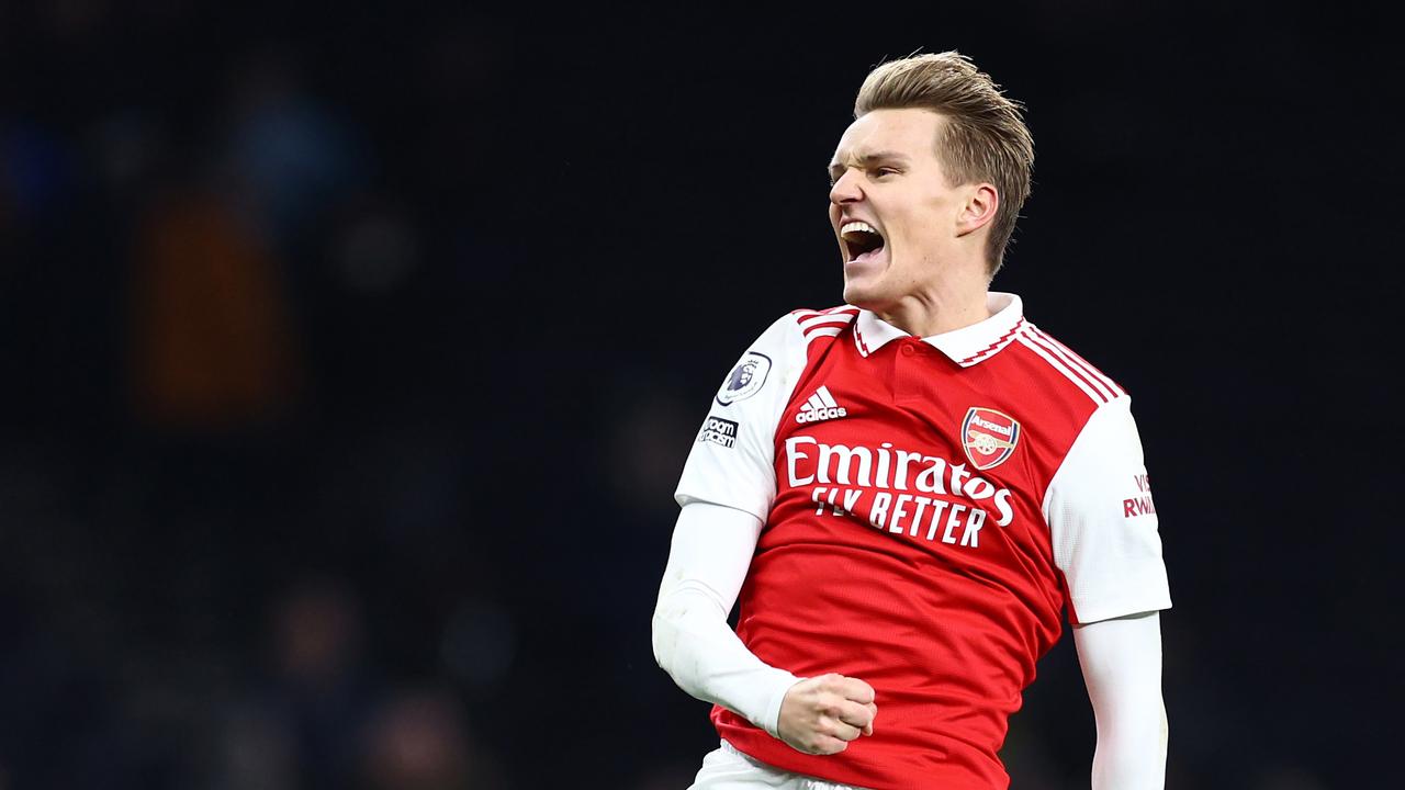 LONDON, ENGLAND - JANUARY 15: Martin Odegaard of Arsenal celebrates after the team's victory during the Premier League match between Tottenham Hotspur and Arsenal FC at Tottenham Hotspur Stadium on January 15, 2023 in London, England. (Photo by Clive Rose/Getty Images)