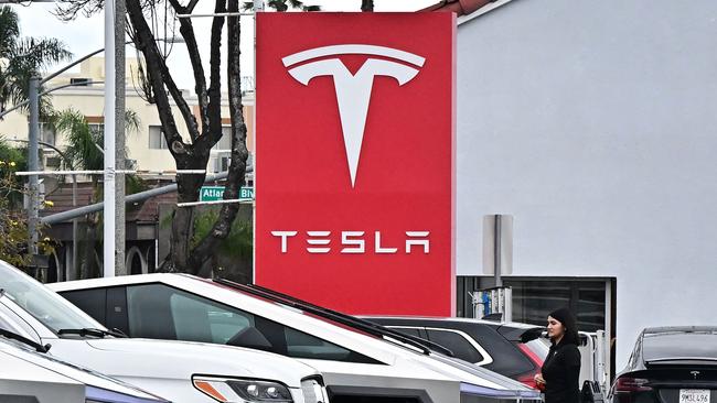 Tesla’s share price has fallen a massive 47 per cent on a year ago. Picture: AFP