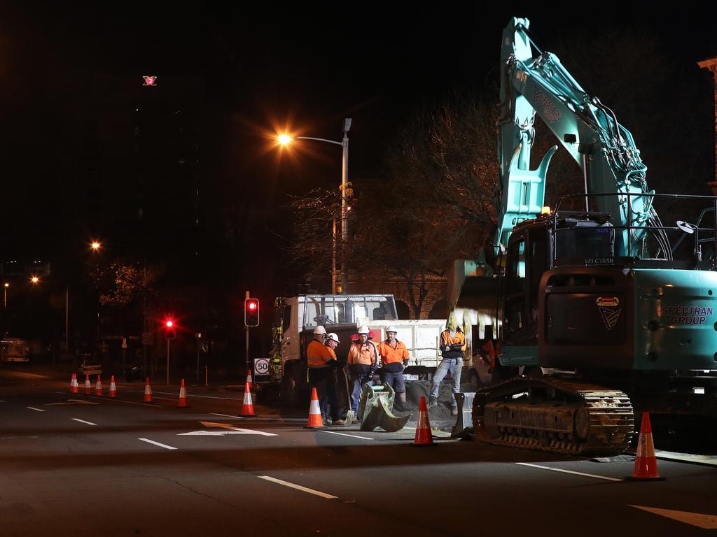 Work in Macquarie Street Hobart on the hole that will house the chamber performance artist Mike Parr will live in for 72 hours during Dark Mofo. Picture: NIKKI DAVIS-JONES