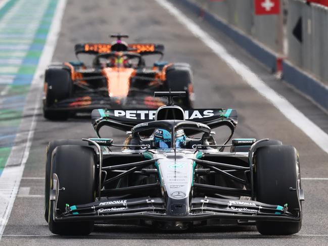 Mercedes' British driver George Russell drives on the third day of the Formula One pre-season testing at the Bahrain International Circuit in Sakhir on February 28, 2025. (Photo by FADEL SENNA / AFP)