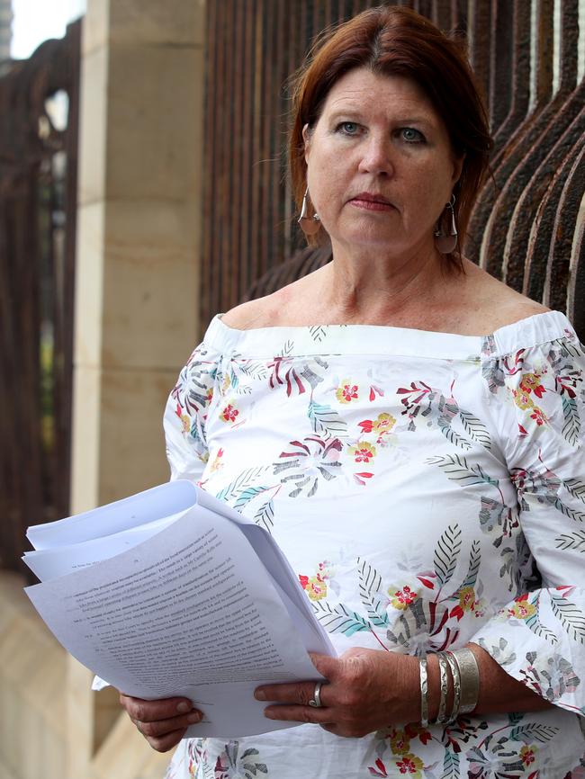 Pam Gurner-Hall outside the Adelaide Coroners Court. Picture: AAP / Kelly Barnes