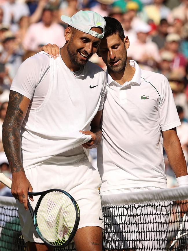 Kyrgios congratulates Novak Djokovic on his Wimbledon win. Picture: Getty Images