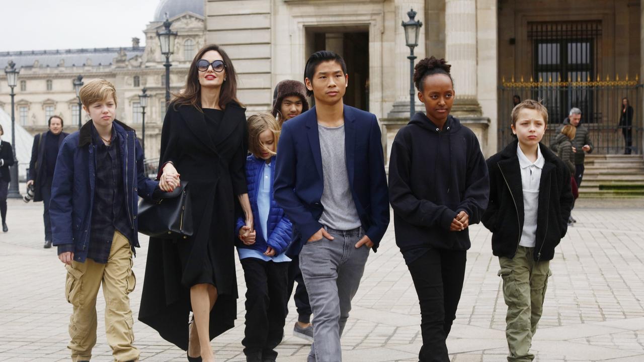 Angelina Jolie with her children Shiloh Pitt Jolie, Maddox Pitt Jolie, Vivienne Marcheline Pitt Jolie, Pax Thien Pitt Jolie, Zahara Marley Pitt Jolie, Knox Leon Pitt Jolie, all of whom are estranged from their father, Brad Pitt. Photo: Mehdi Taamallah/NurPhoto via Getty Images.