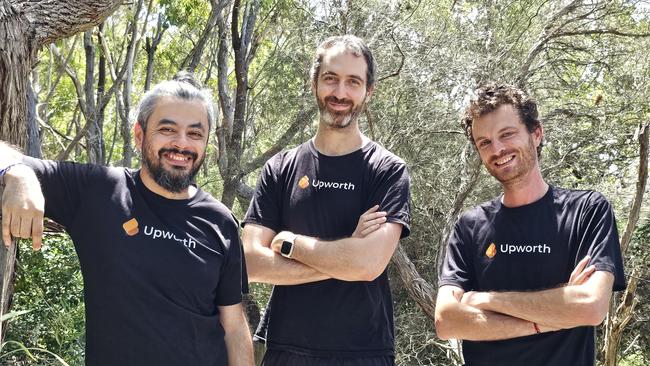 Upworth co-founders Maxime Chaury, centre, Carlos Rios, left, and Alexandre Chavotier. They have recently launched a free savings account scanner. Picture: Supplied