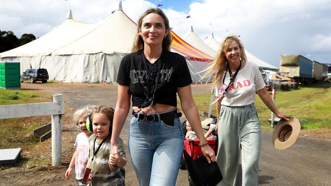 Festival goers backstage at Byron Bay’s Bluesfest, from left: Ozzy, Sadie, Courtney Hall and Evie Dennis. Picture: Jane Dempster