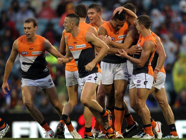 GWS player Israel Folau celebrates his first AFL goal in 2012. Picture: Simon Cross