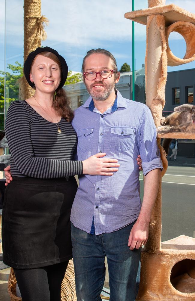 Cat Cafe Owners, Adam and Sarah Honeyman at the Cat Cafe, which is closing down. Picture: Linda Higginson