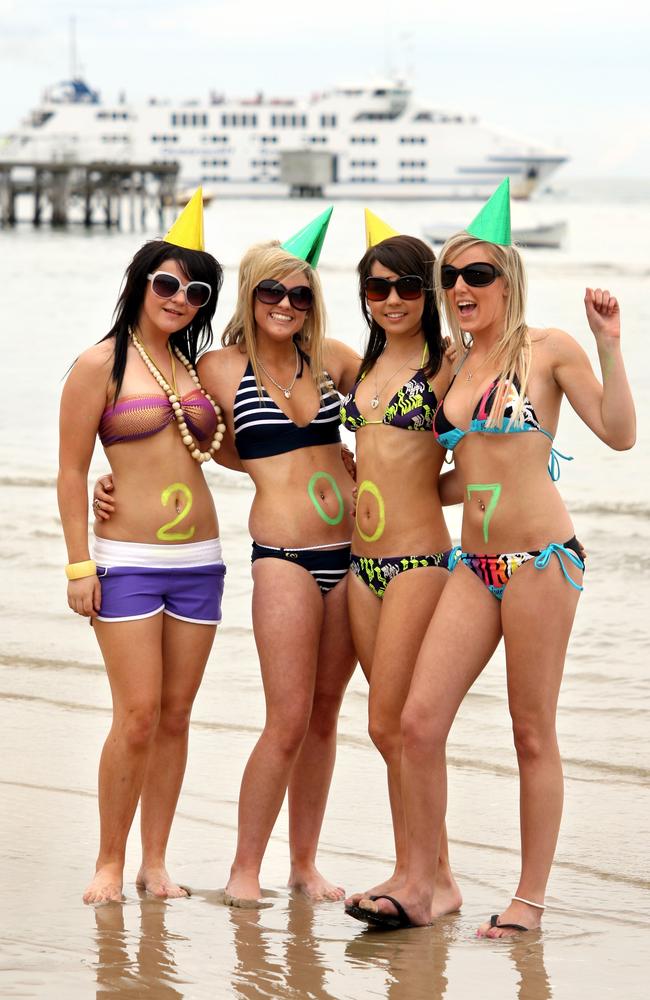 New Year's Eve 2007 at Sorrento. Bryony Cook, Alana Dickinson, Steph Di Conza and Simone Taylor, all 16, relaxing on Sorrento foreshore on December 31, 2007. Picture: Gary Richardson