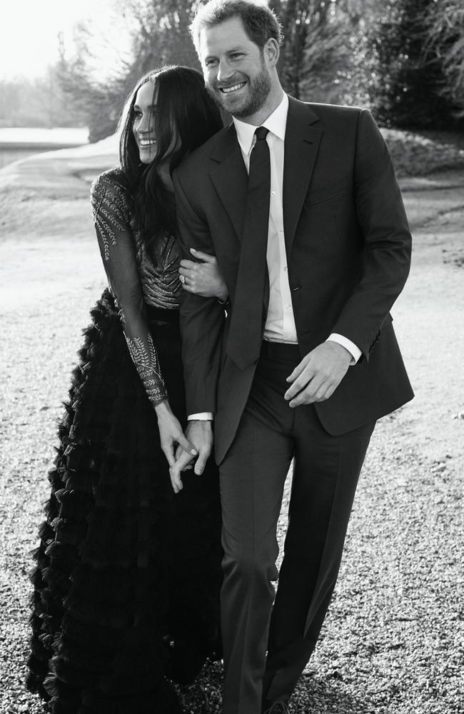 Prince Harry and Meghan Markle at Frogmore House, where she is wearing a Ralph and Russo design. Picture: Alexi Lubomirski.