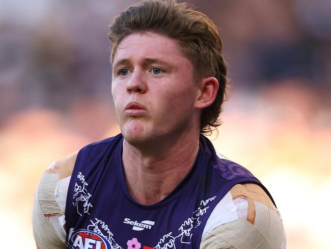 PERTH, AUSTRALIA - MAY 20: Nathan O'Driscoll of the Dockers in action during the round 10 AFL match between Walyalup/Fremantle Dockers and Geelong Cats at Optus Stadium, on May 20, 2023, in Perth, Australia. (Photo by Paul Kane/Getty Images)