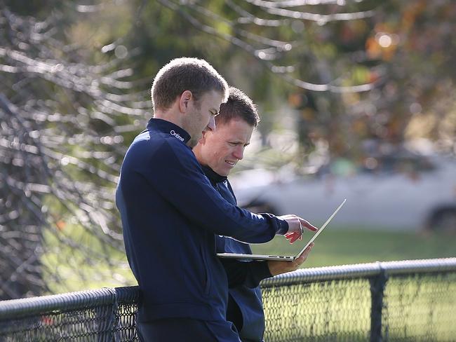 Carlton coach Brendon Bolton and assistant coach Tim Clarke at the “secret” session. Picture: Wayne Ludbey