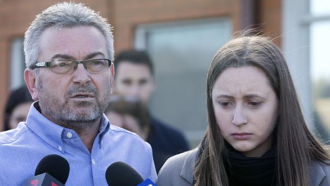 Karen’s husband Borce and daughter Sarah at Avondale Heights Police Station. Picture: Sarah Matray