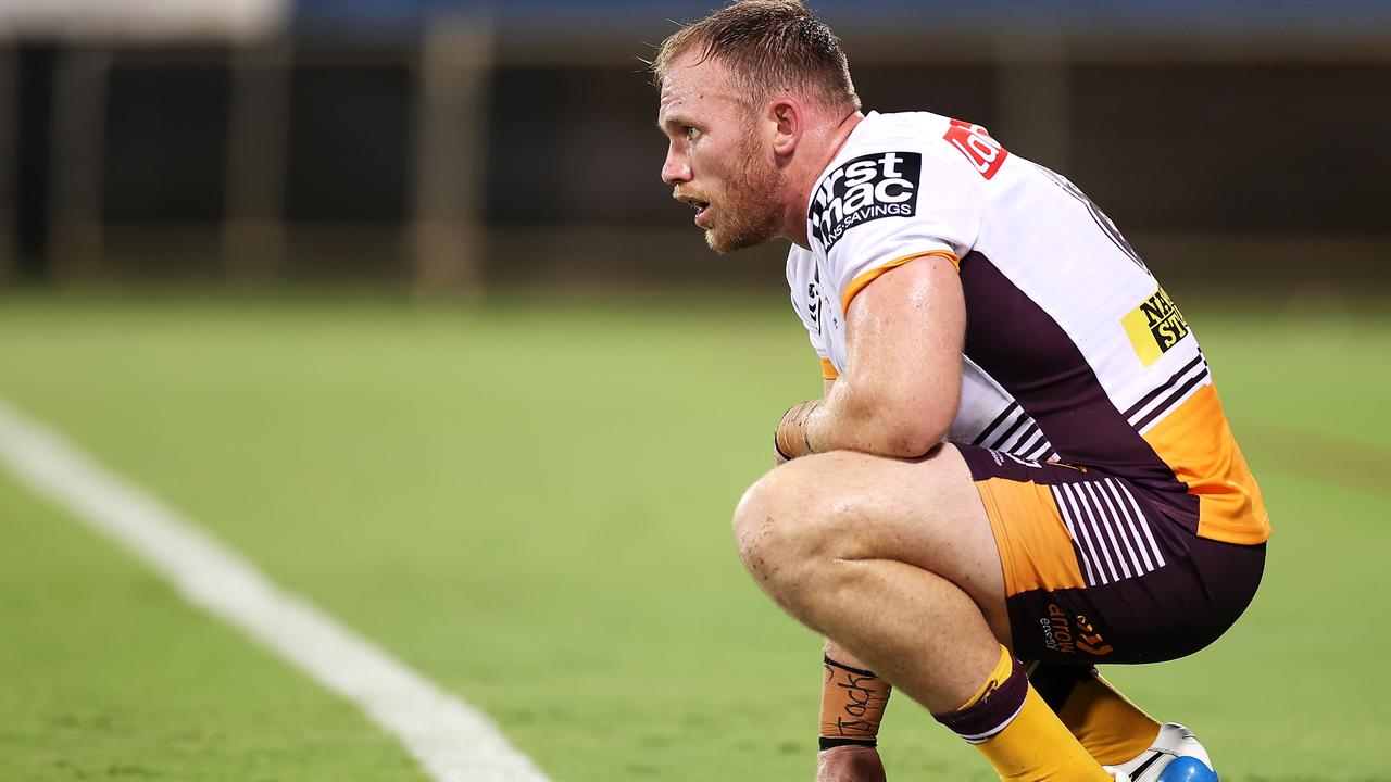 DARWIN, AUSTRALIA - APRIL 23: Matt Lodge of the Broncos watches on as he catches his breathe after being substituted during the round seven NRL match between the Parramatta Eels and the Brisbane Broncos at TIO Stadium, on April 23, 2021, in Darwin, Australia. (Photo by Mark Kolbe/Getty Images)