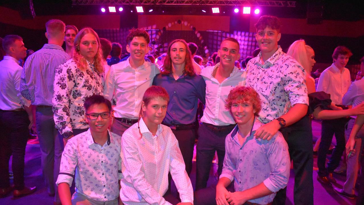 Mackay State High seniors (back row, from left) Jesse Wallace, Jacob Richel, Zak Springer, Jed Theiber and Bailey Jeffs and (from, from left) John Agustin, Damon Bust and Baden Robinson at Mocktail 2021. Picture: Tara Miko