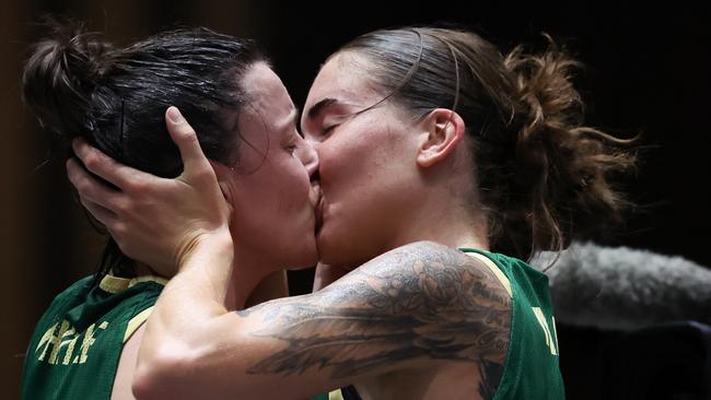 UTSUNOMIYA, JAPAN - MAY 05: Marena Whittle #21 and Anneli Maley #24 of Australia celebrates the victory after the WomenÃ¢â¬â¢s Final match between Australia and CanadaÃÂ on day three of the FIBA 3x3 Olympic Qualifying Tournament 2 at Light Cube Utsunomiya on May 05, 2024 in Utsunomiya, Tochigi, Japan.  (Photo by Takashi Aoyama/Getty Images)