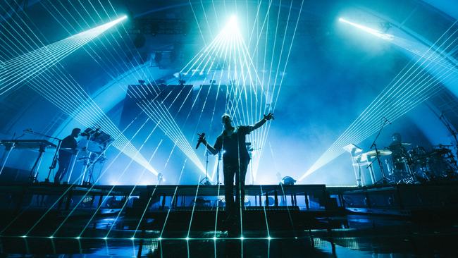 Sydney dance act Rufus Du Sol at the Hollywood Bowl in Los Angeles. Picture: Michael Drummond