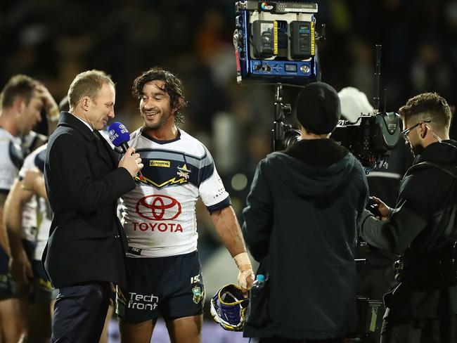 We’re really gonna miss him when he’s gone. Cowboys champion Johnathan Thurston talks to the media after his side’s clash with the Penrith Panthers in Bathurst. Picture: Mark Metcalfe/Getty Images