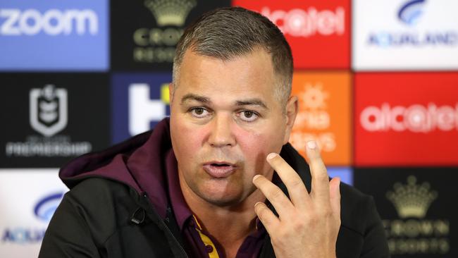 Broncos coach Anthony Seibold speaks to the media after his side’s loss to South Sydney. Picture: Mark Kolbe/Getty Images