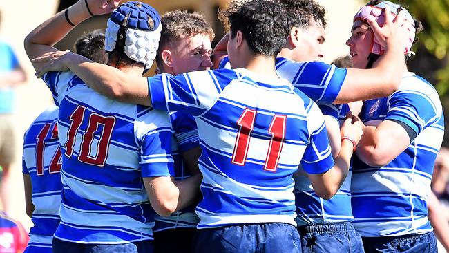 Nudgee College players celebrate a try Nudgee College v BSHS in the GPS First XV rugby. Saturday August 20, 2022. Picture, John Gass