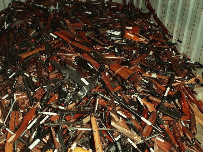 A container of broken guns obtained through Australia’s buyback scheme in 1997. 