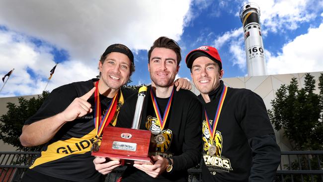 24.9.2019.SANFL Premiers Glenelg chimney unveiling at West End Brewery, Port rd, Hindmarsh.Matthew Snook,Jack Oatey Medal,Liam McBean,Ken Farmer Medal and Luke Partington,Magarey Medal.   PIC TAIT SCHMAAL.