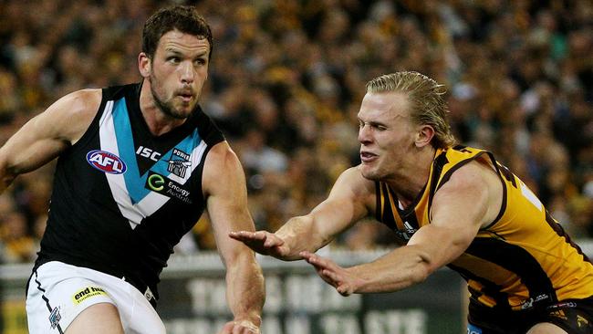 Will Langford harassed Travis Boak throughout the second half. Picture: Colleen Petch